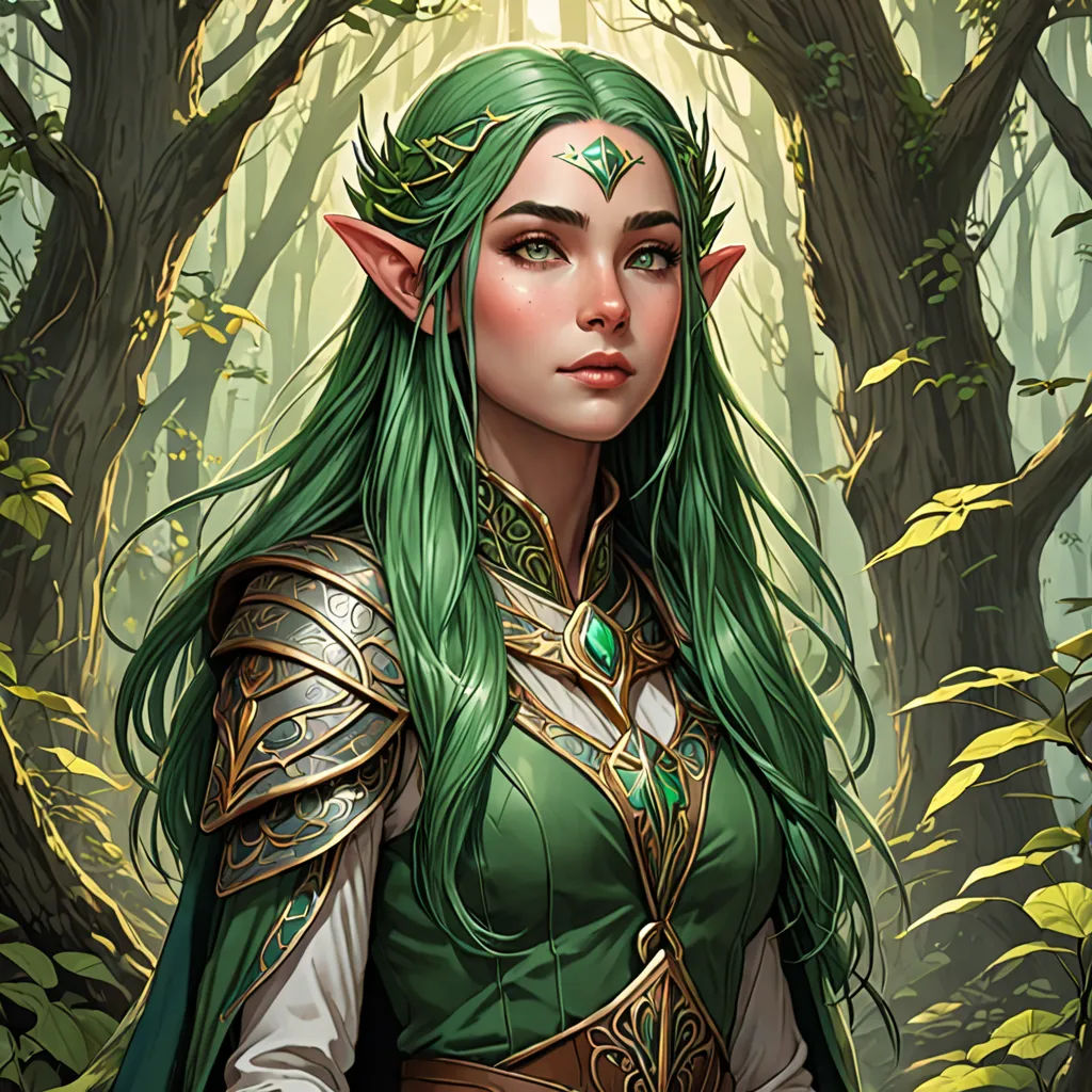 a woman with green hair and a green outfit in a forest with trees and leaves on the ground and a light shining through her eyes, fantasy art, a detailed painting, Donato Giancola, magic the gathering artwork