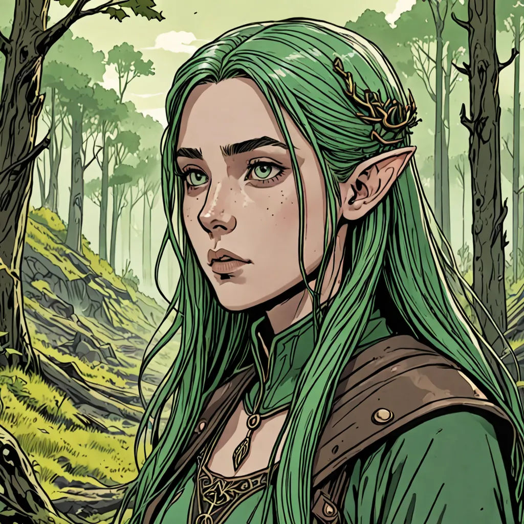 a woman with green hair and a green outfit in a forest with trees and grass on the ground and a bird on her head, fantasy art, a character portrait, Edgar Ainsworth, fantasy character portrait