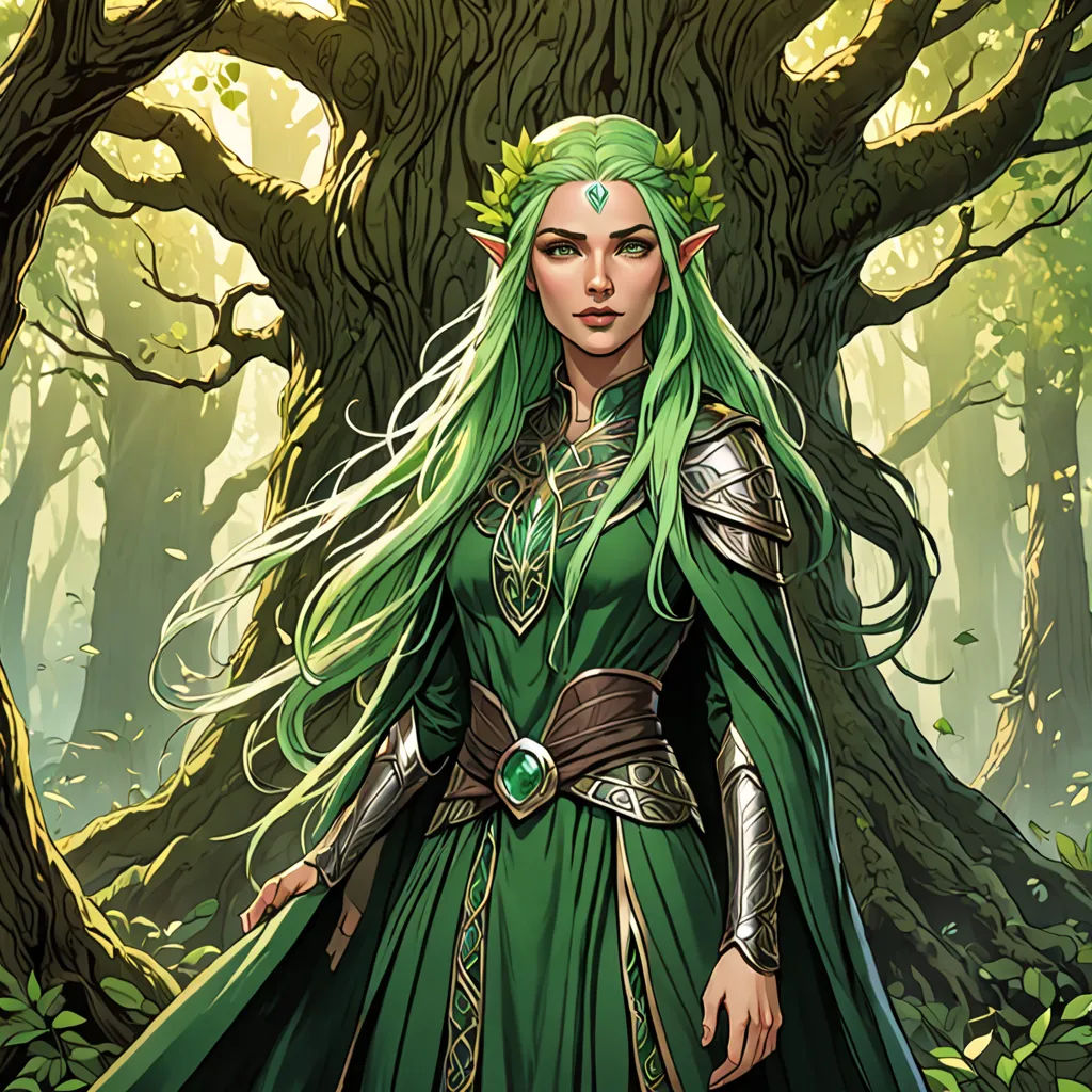 a woman in a green dress standing in a forest with trees and leaves on her head and a green cloak on her shoulders, fantasy art, a character portrait, Donato Giancola, magic the gathering artwork