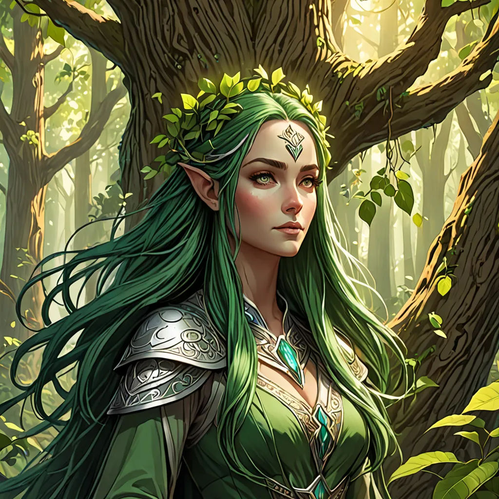 a woman with green hair and a green dress standing in front of a tree in a forest with leaves, fantasy art, a detailed painting, Anne Stokes, magic the gathering artwork