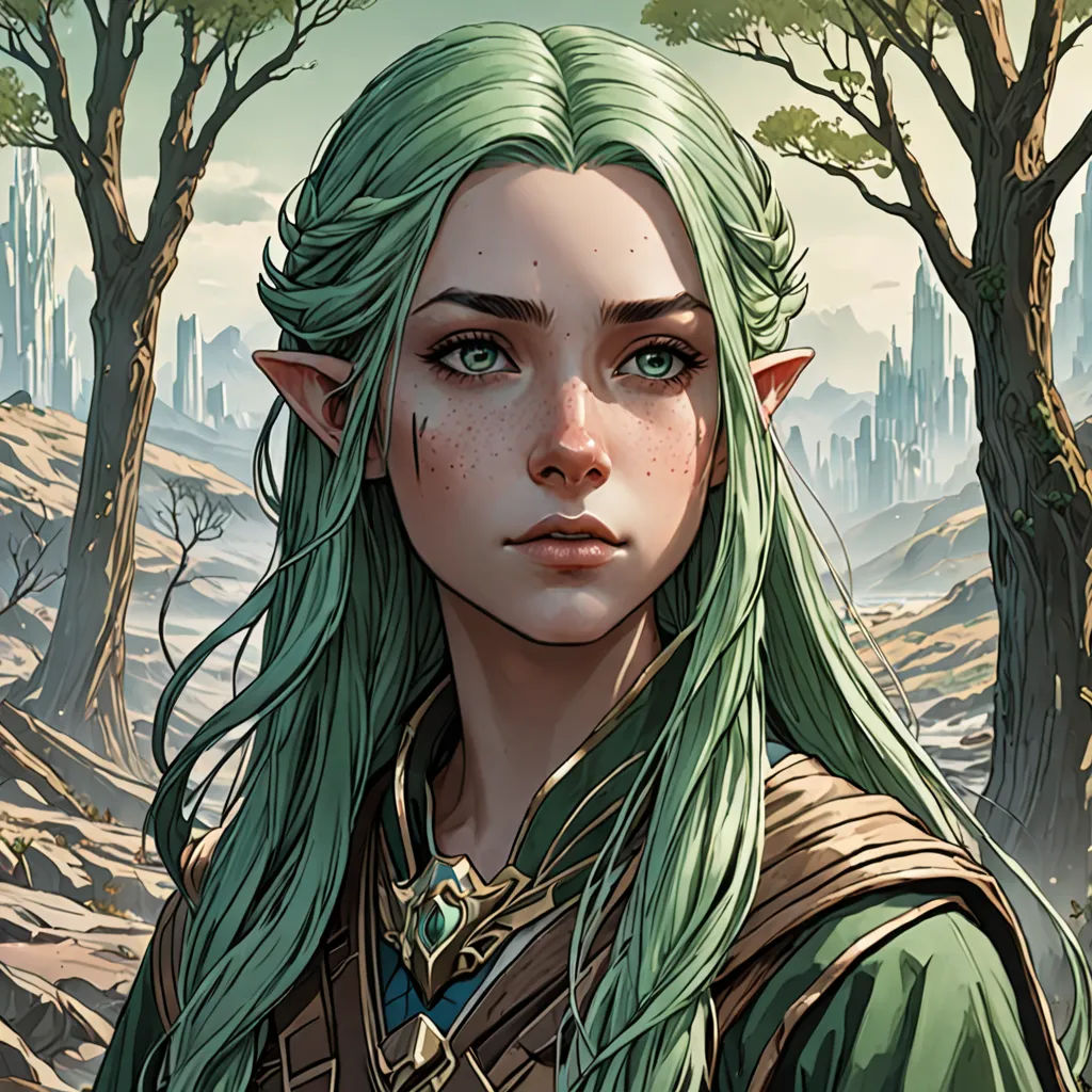 a woman with green hair and a green elf outfit in a forest with trees and buildings in the background, fantasy art, a character portrait, Charlie Bowater, stanley artgerm lau