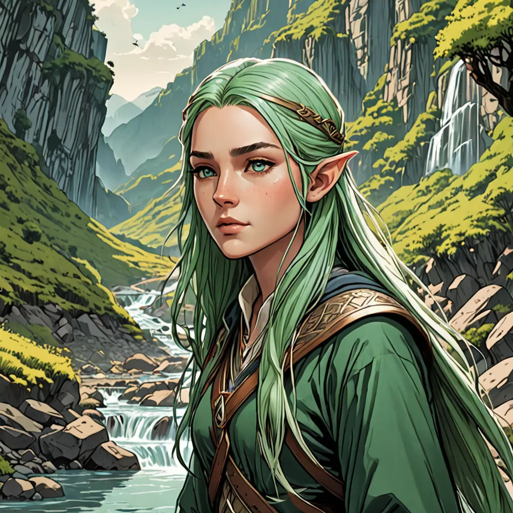 a woman with green hair and a green outfit standing in front of a waterfall and a waterfall with a waterfall behind her, fantasy art, a comic book panel, Donato Giancola, stanley artgerm lau