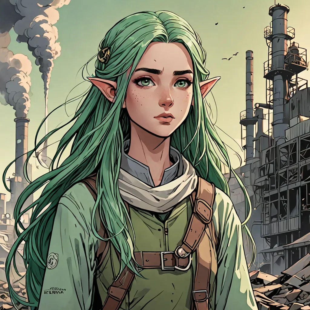 a woman with green hair and a green jacket standing in front of a factory with smoke stacks and smoke stacks, fantasy art, a comic book panel, Cliff Childs, comic cover art