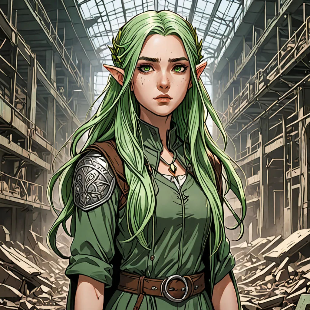 a woman with green hair and a green dress in a warehouse area with a clock on the wall and a green helmet on her head, fantasy art, a character portrait, Evaline Ness, character portrait