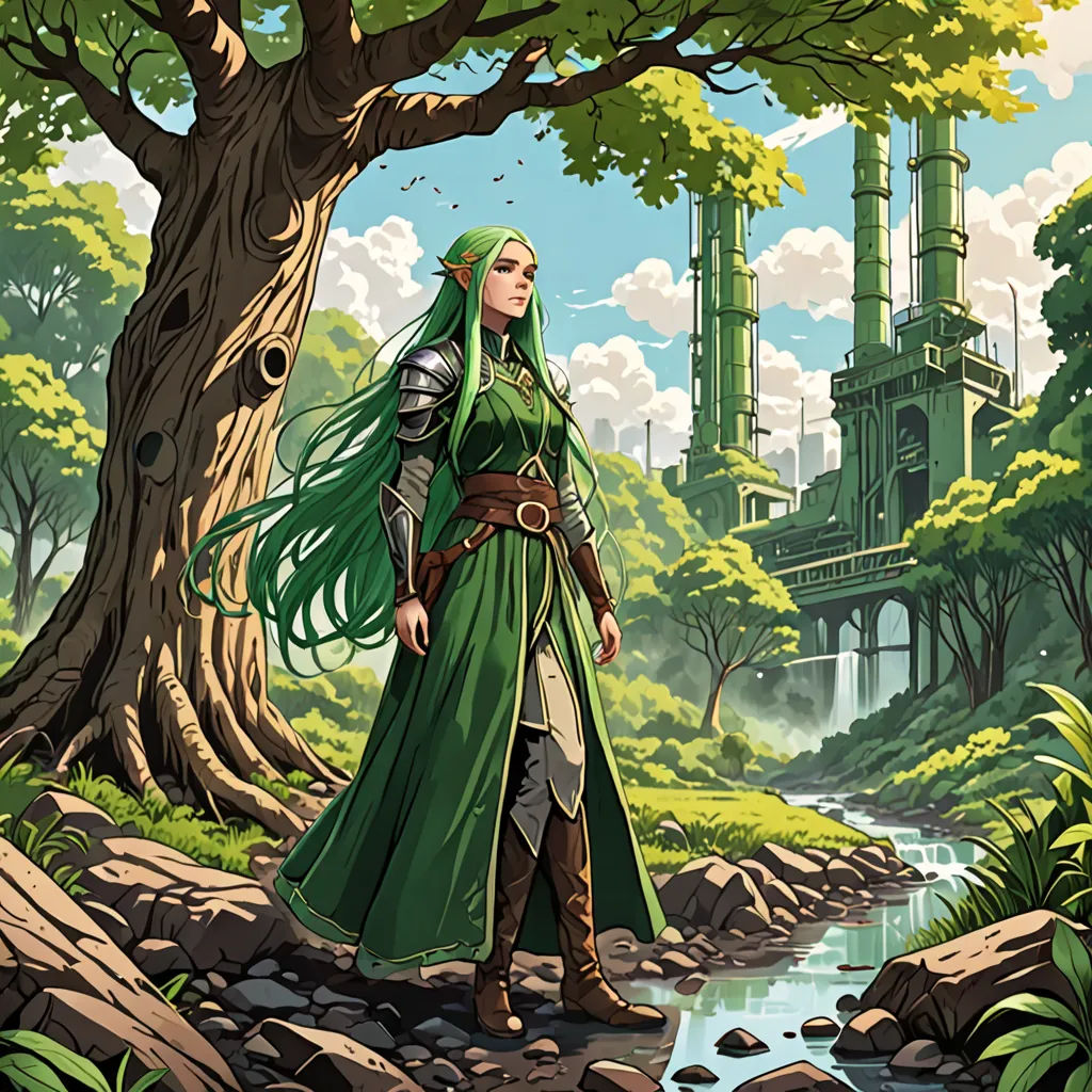 a woman in a green dress standing in a forest next to a river and a castle in the background, fantasy art, a character portrait, Cedric Seaut (Keos Masons), magic the gathering artwork