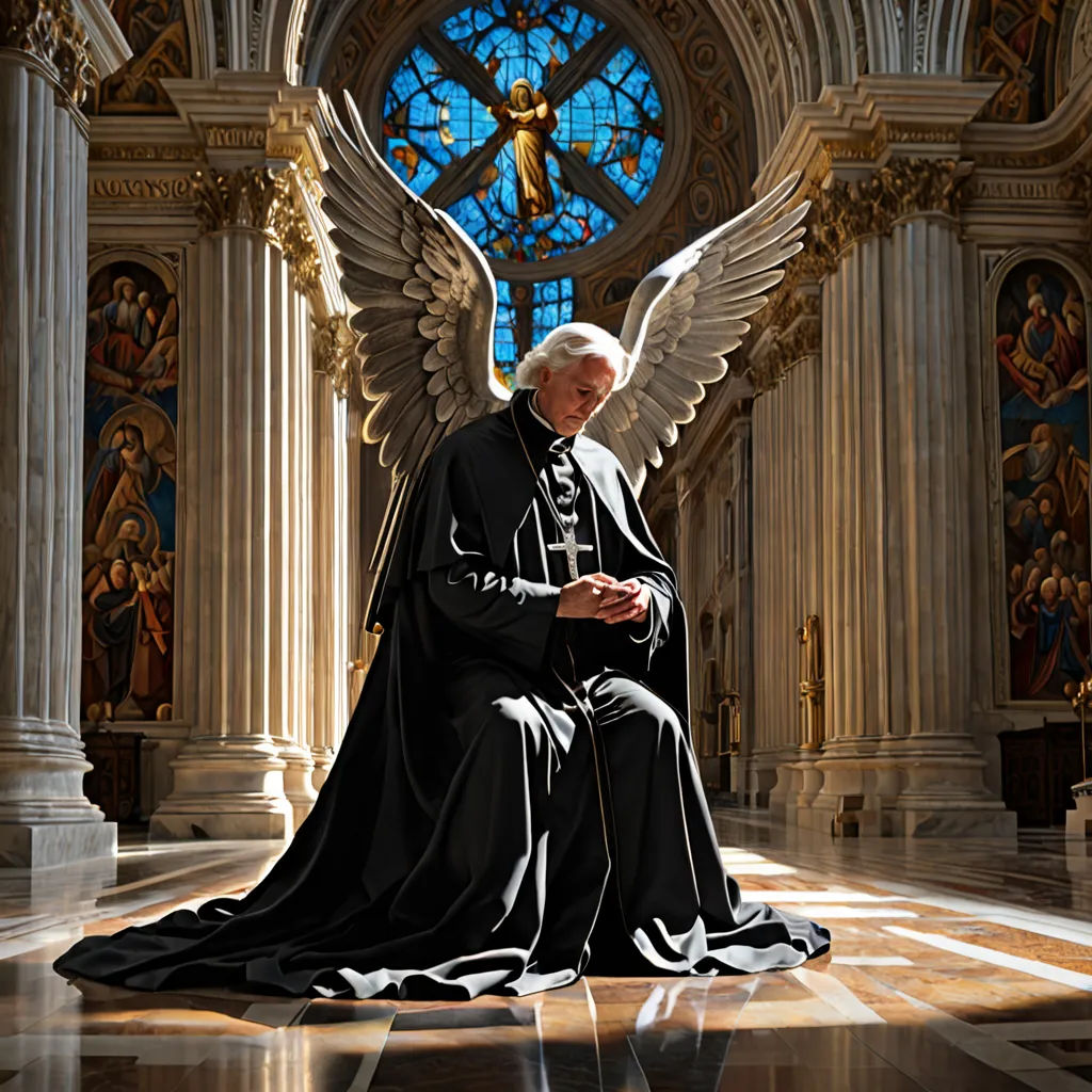 a man sitting on a chair with wings on his back and a book in his lap, in front of a stained glass window, gothic art, a detailed matte painting, Edward George Handel Lucas, cinematic photography