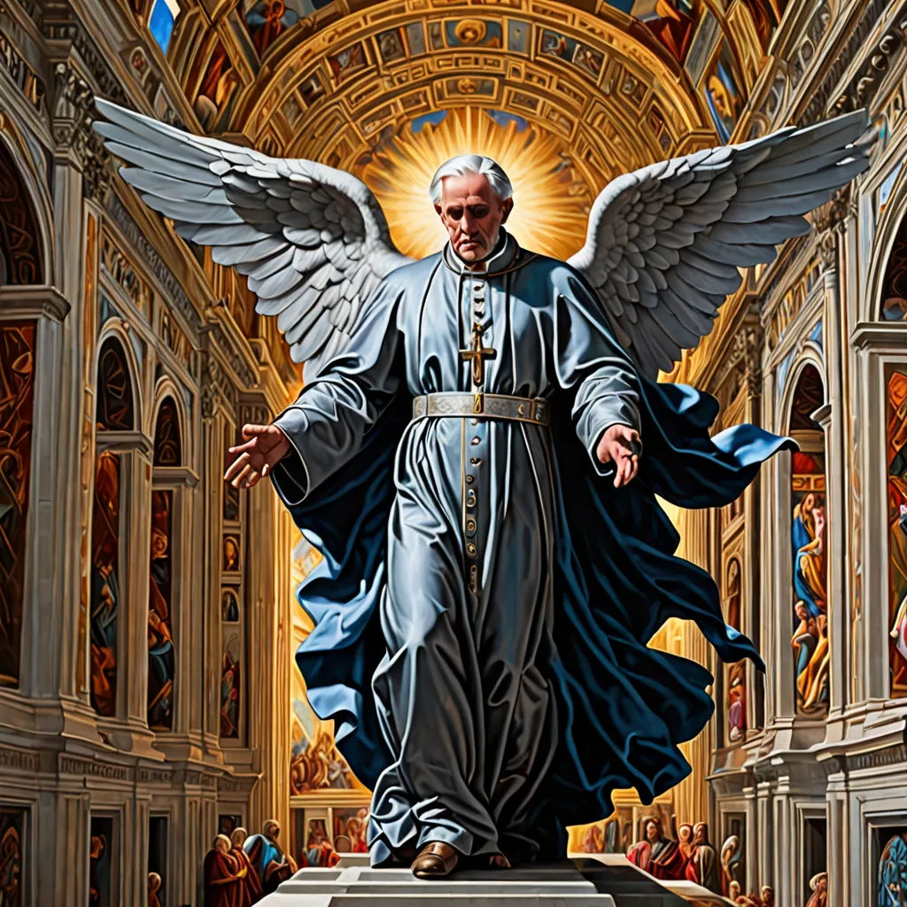 a painting of a man with wings standing in a church with a halo above his head and a halo above his head, classical realism, a fine art painting, Andrea Pozzo, detailed painting