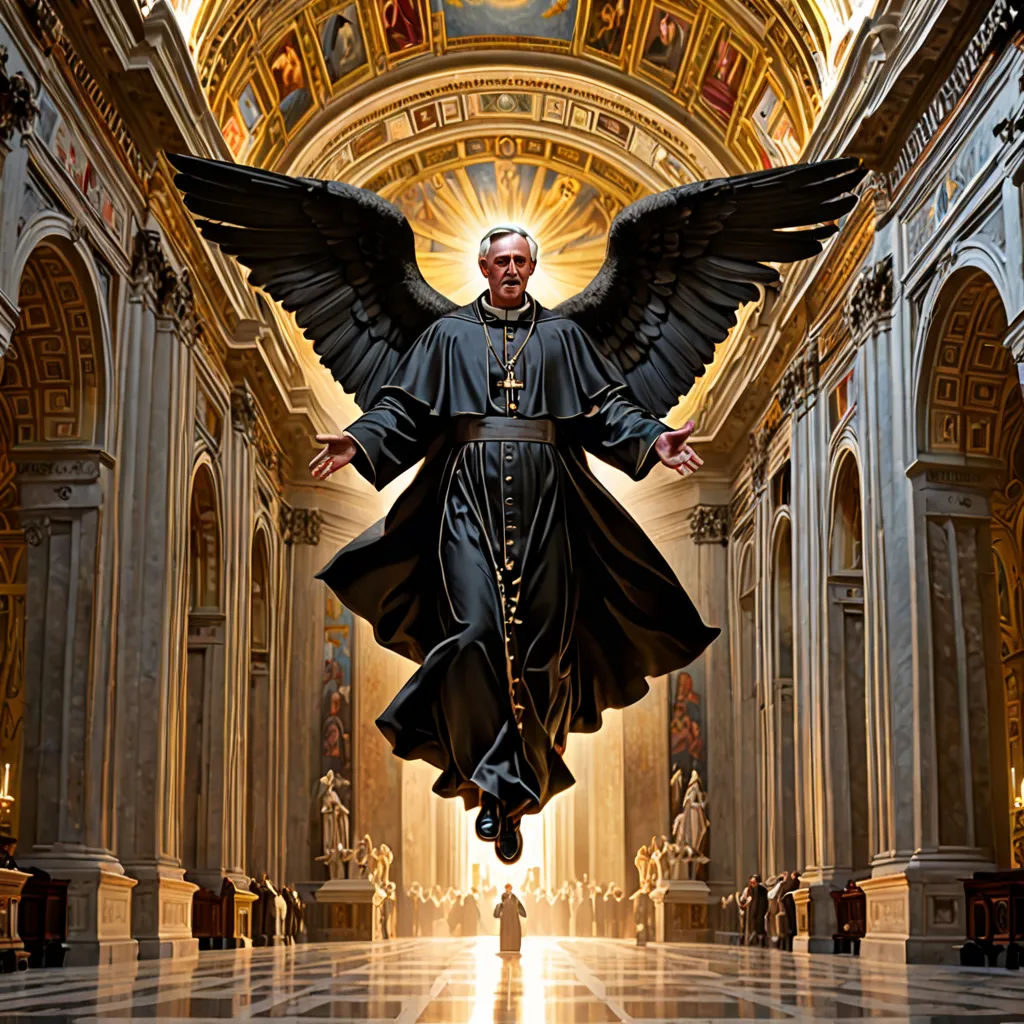 a man in a black robe and angel wings in a church with a ceiling painted gold and white with a painting of a man in the center, gothic art, a matte painting, Donato Giancola, cinematic photography