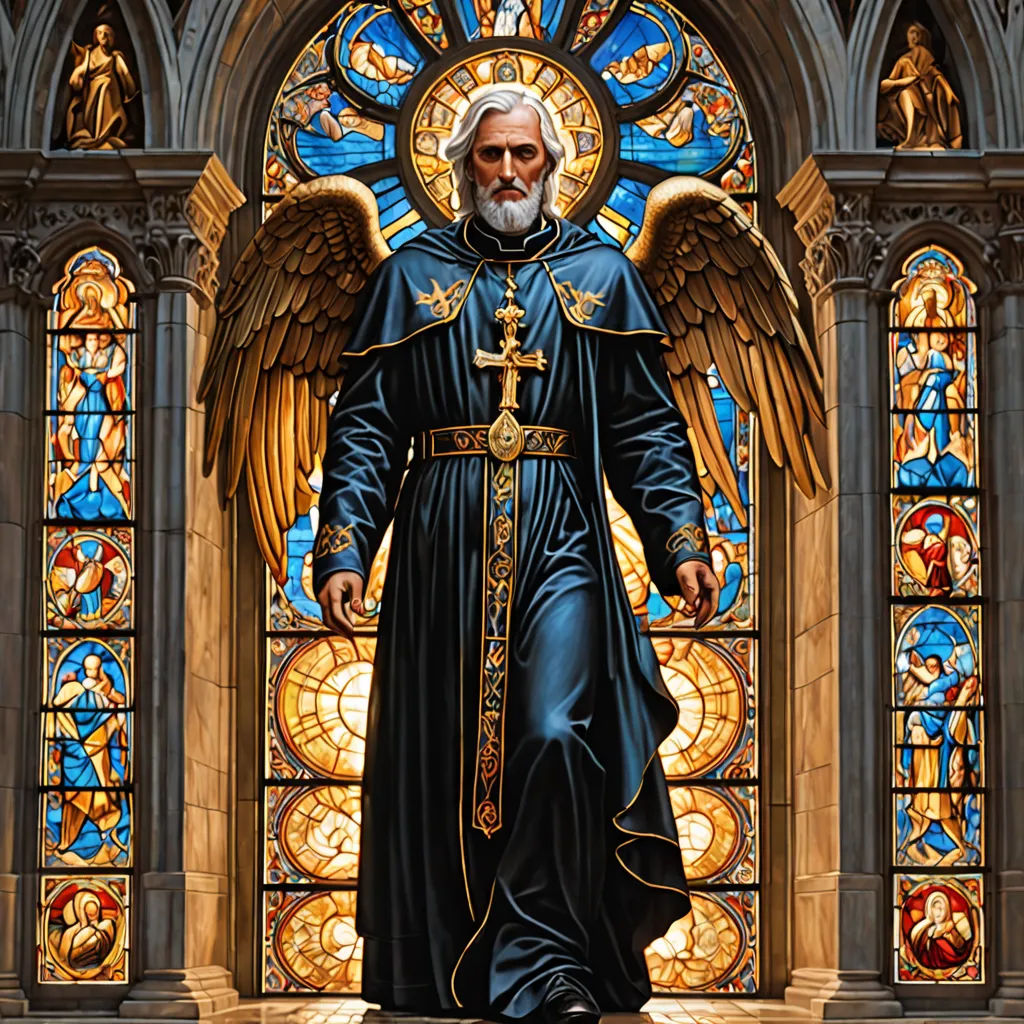 a statue of a man with a cross and wings in front of a stained glass window with a cross, gothic art, a detailed painting, Donato Giancola, official art