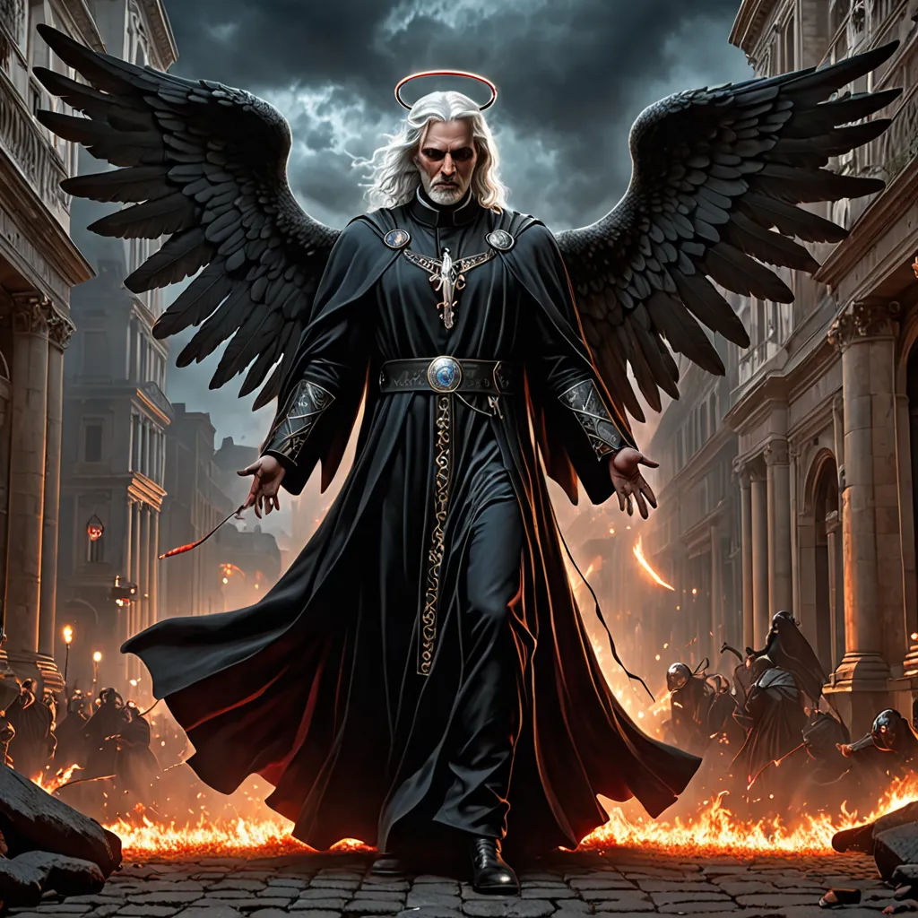 a man with a large black angel wings on his head and a sword in his hand, walking through a city street, gothic art, concept art, Anne Stokes, epic fantasy character art