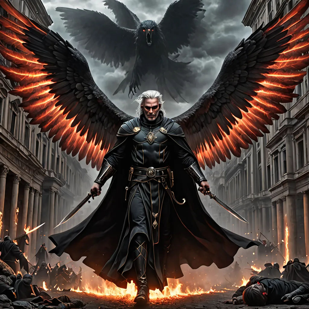 a man with a sword and wings standing in front of a fire filled city street with a huge bird on his shoulder, fantasy art, concept art, Anne Stokes, epic fantasy character art