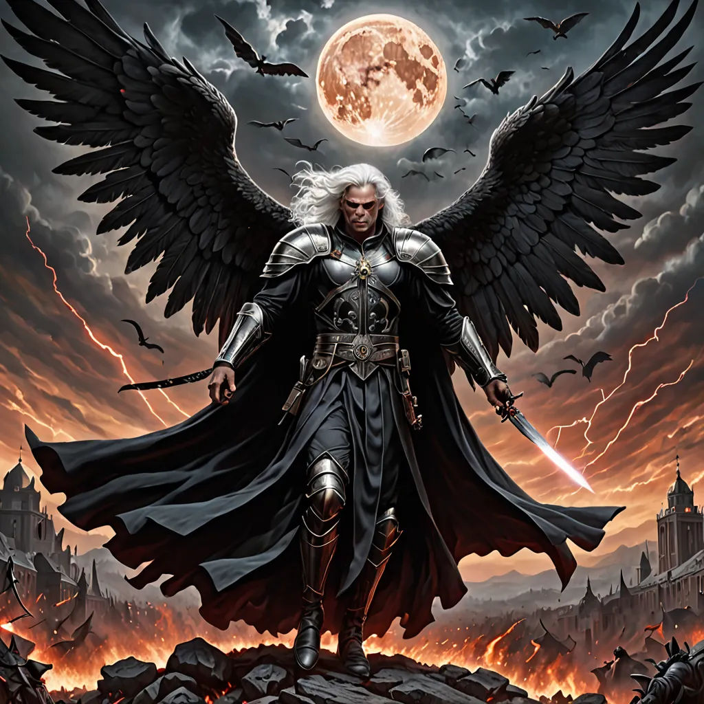 a man with a sword and wings standing on a hill with a full moon in the background and a castle in the background, fantasy art, concept art, Anne Stokes, epic fantasy character art