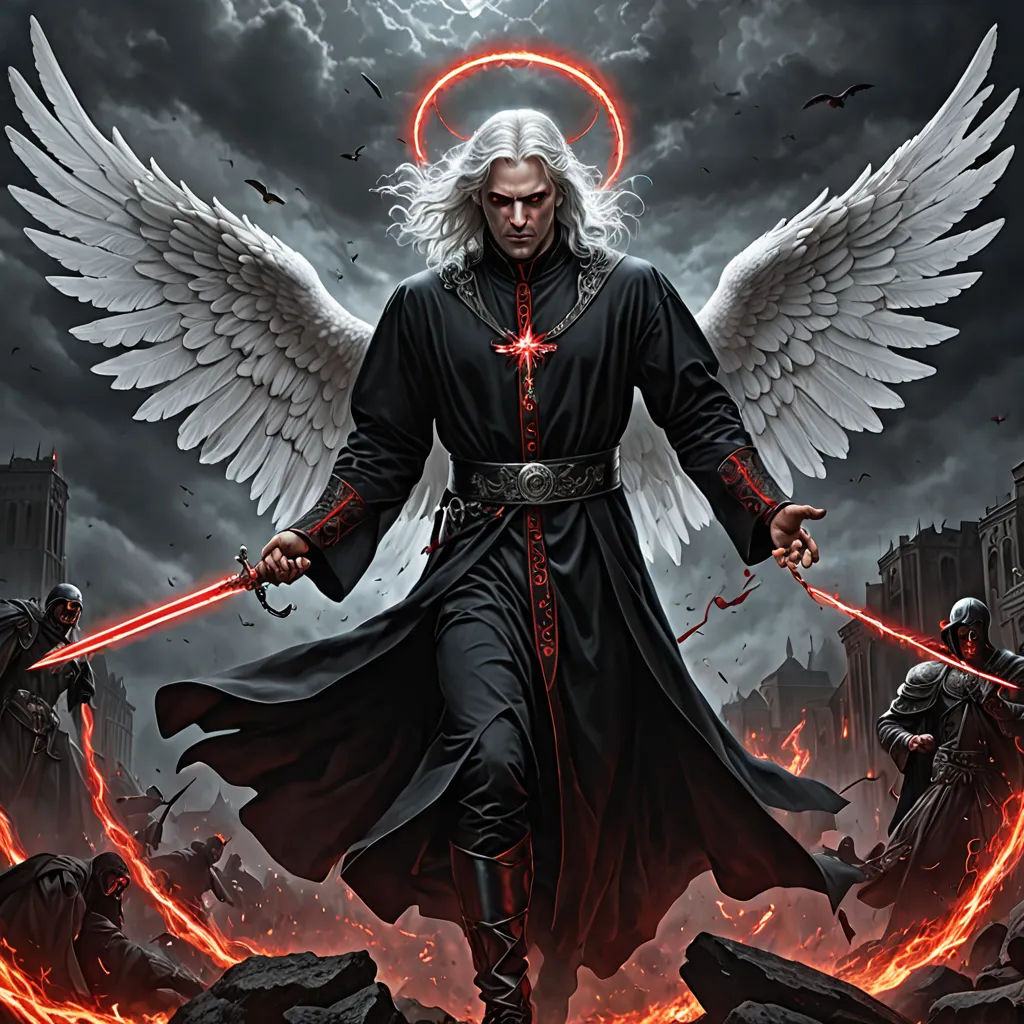 a man with wings and a sword standing in front of a demon with a sword in his hand and a halo around his neck, gothic art, concept art, Anne Stokes, epic fantasy character art