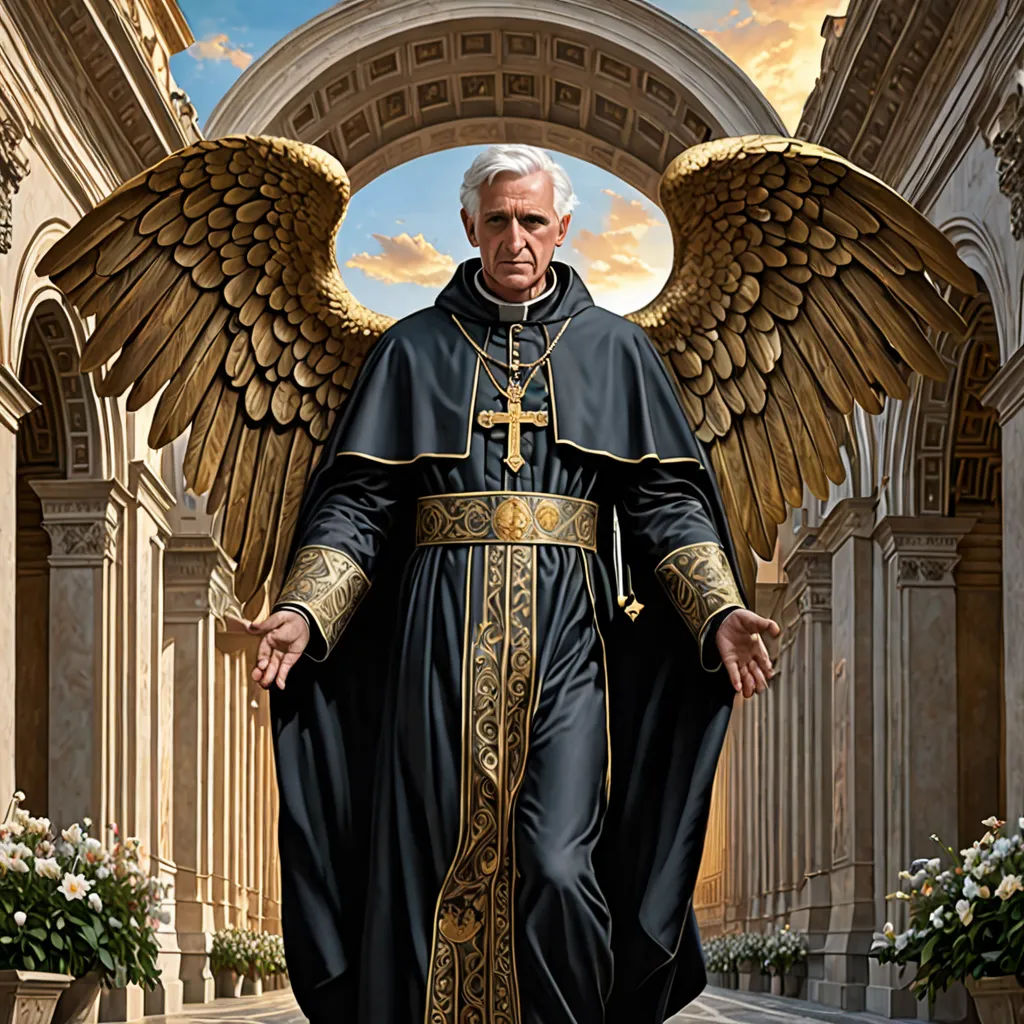 a painting of a priest with wings on his shoulders and a cross on his chest, walking through a courtyard, gothic art, a detailed painting, Anne Stokes, highly detailed digital painting