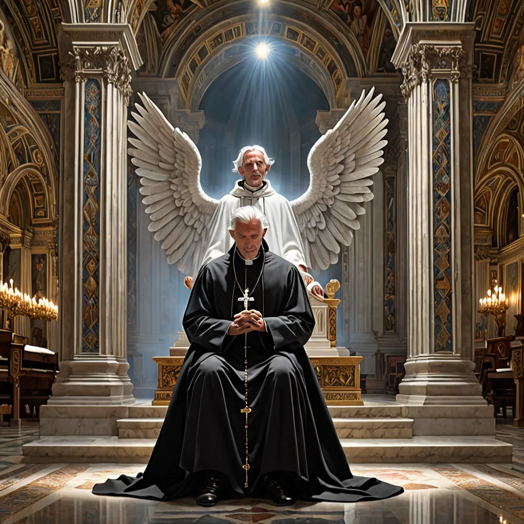 a priest sitting in front of an angel statue in a church with a priest standing behind him and a priest standing behind him, gothic art, a detailed matte painting, David LaChapelle, cinematic photography
