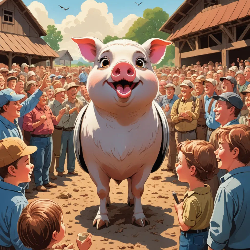 a pig standing in front of a crowd of people in a village with a man holding a camera up to his face, american realism, a storybook illustration, Chris LaBrooy, official art