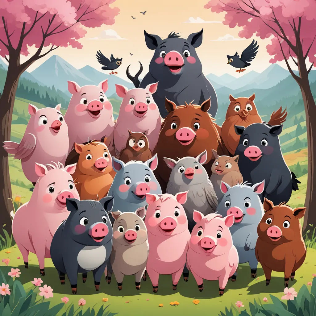a group of pigs standing in a field with a bird flying above them and a pig standing in the background, incoherents, a storybook illustration, Diego Gisbert Llorens, 2 d game art