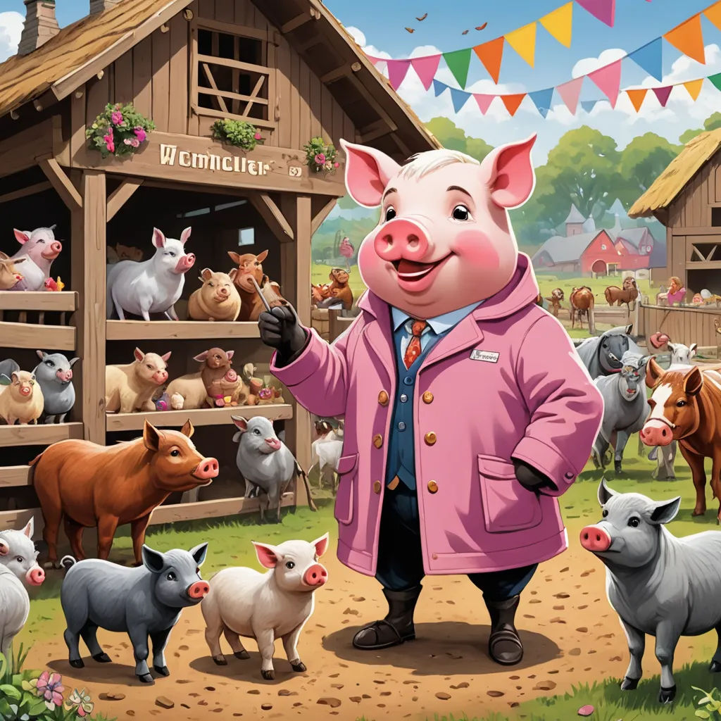 a pig in a pink coat standing in front of a farm with a herd of pigs and a pig in a pink coat, american scene painting, a storybook illustration, David Young Cameron, official art