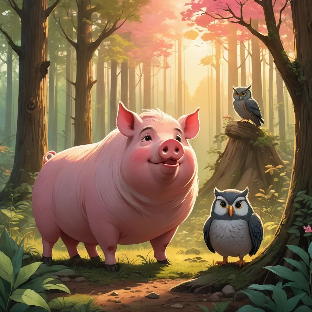 a pig and an owl in a forest with a bird on the ground and a tree trunk in the background, sots art, a storybook illustration, Diego Gisbert Llorens, official art