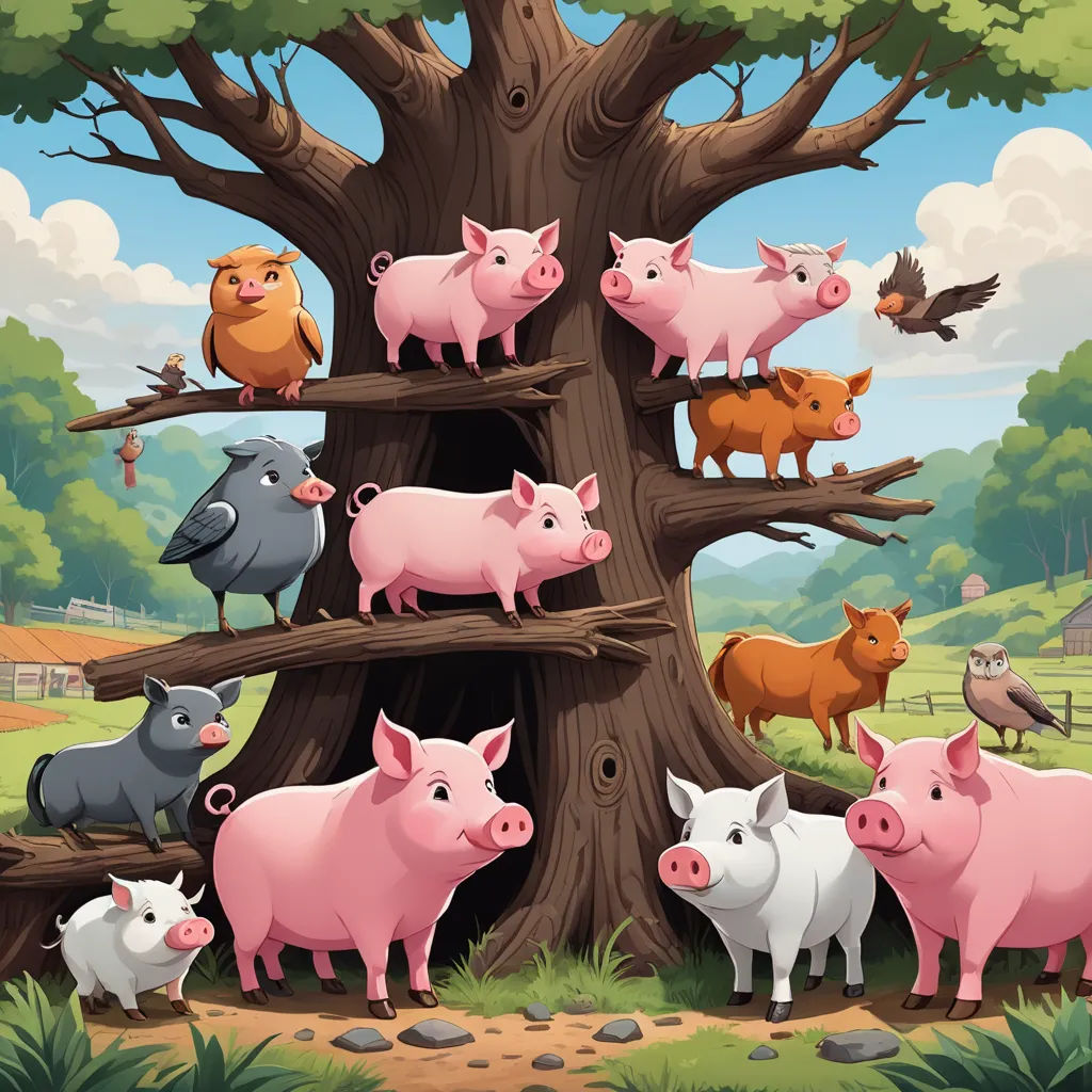 a group of pigs standing on a tree branch in a field with a bird and a bird on top of it, incoherents, a storybook illustration, Andries Stock, storybook illustration