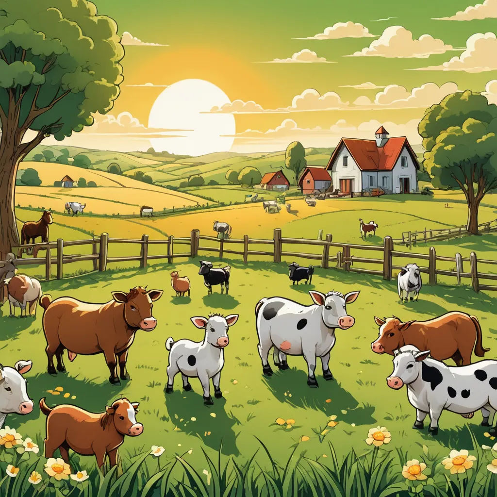 a herd of cows standing on a lush green field next to a fence and a house in the background, synthetism, a storybook illustration, Dan Mumford, detailed illustration