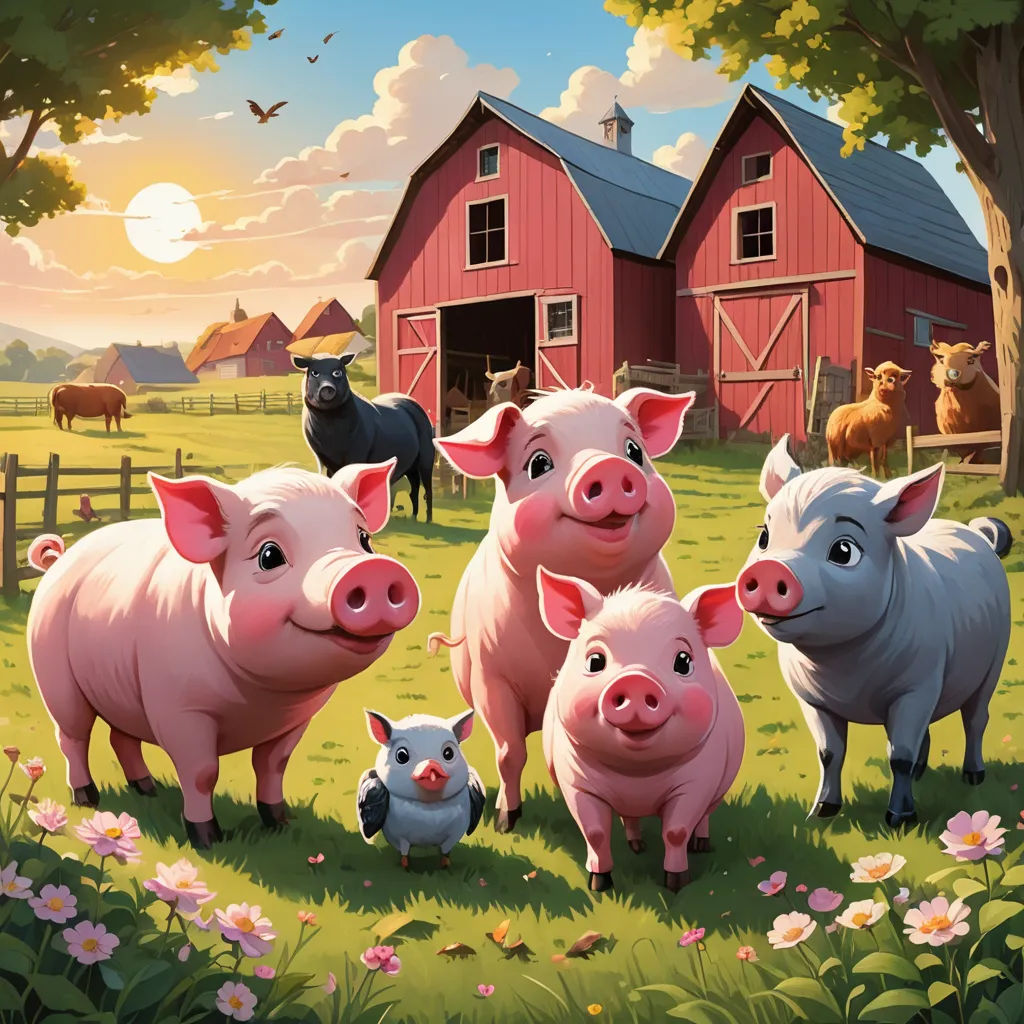 a painting of pigs and a pig family in a field with a barn in the background and a cow and pig in the foreground, american scene painting, a storybook illustration, Dan Mumford, official art