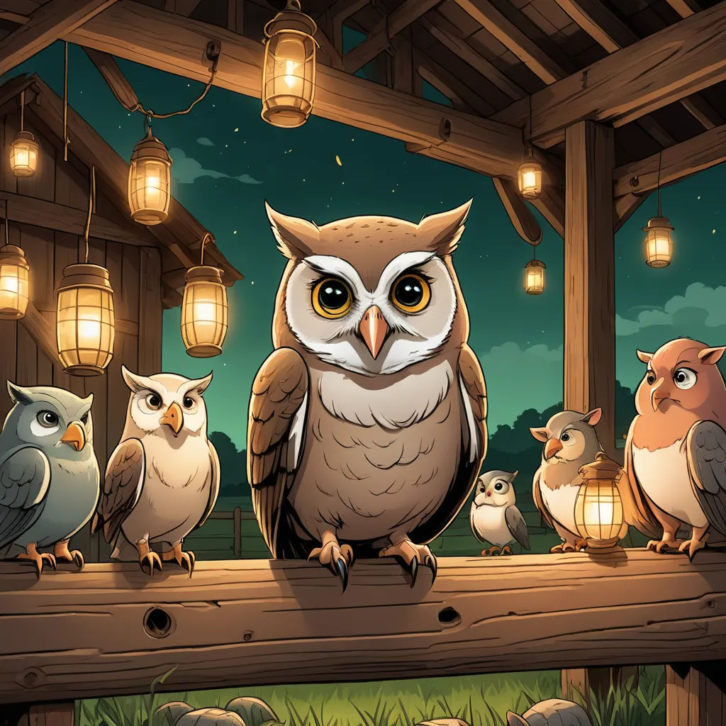 a group of owls sitting on a wooden fence at night with lanterns hanging from the ceiling and a wooden structure with lights, fantasy art, a storybook illustration, Dan Mumford, rossdraws global illumination