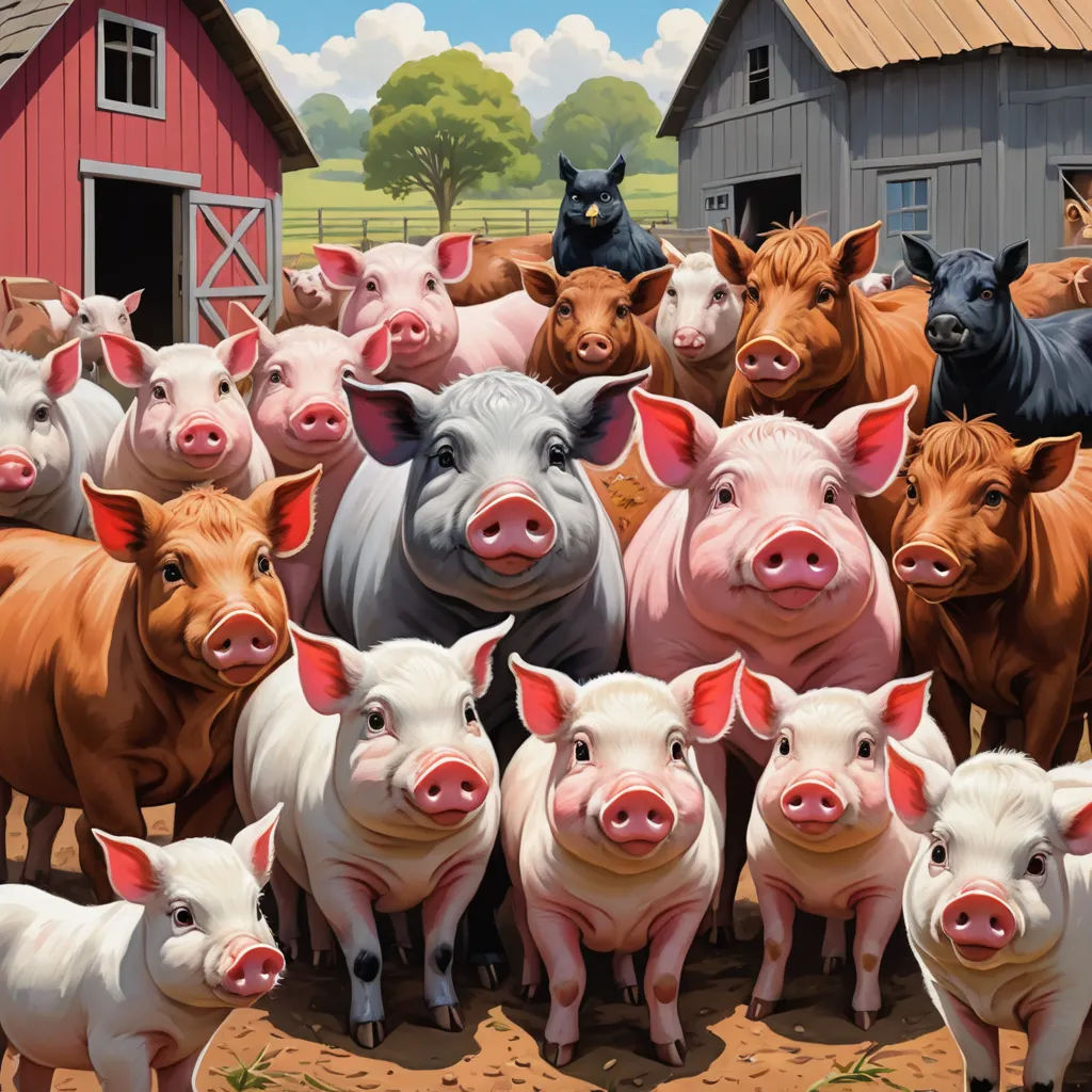 a painting of a group of pigs and pigs in front of a barn and a red barn with a red roof, photorealism, a photorealistic painting, Chris LaBrooy, highly detailed digital painting