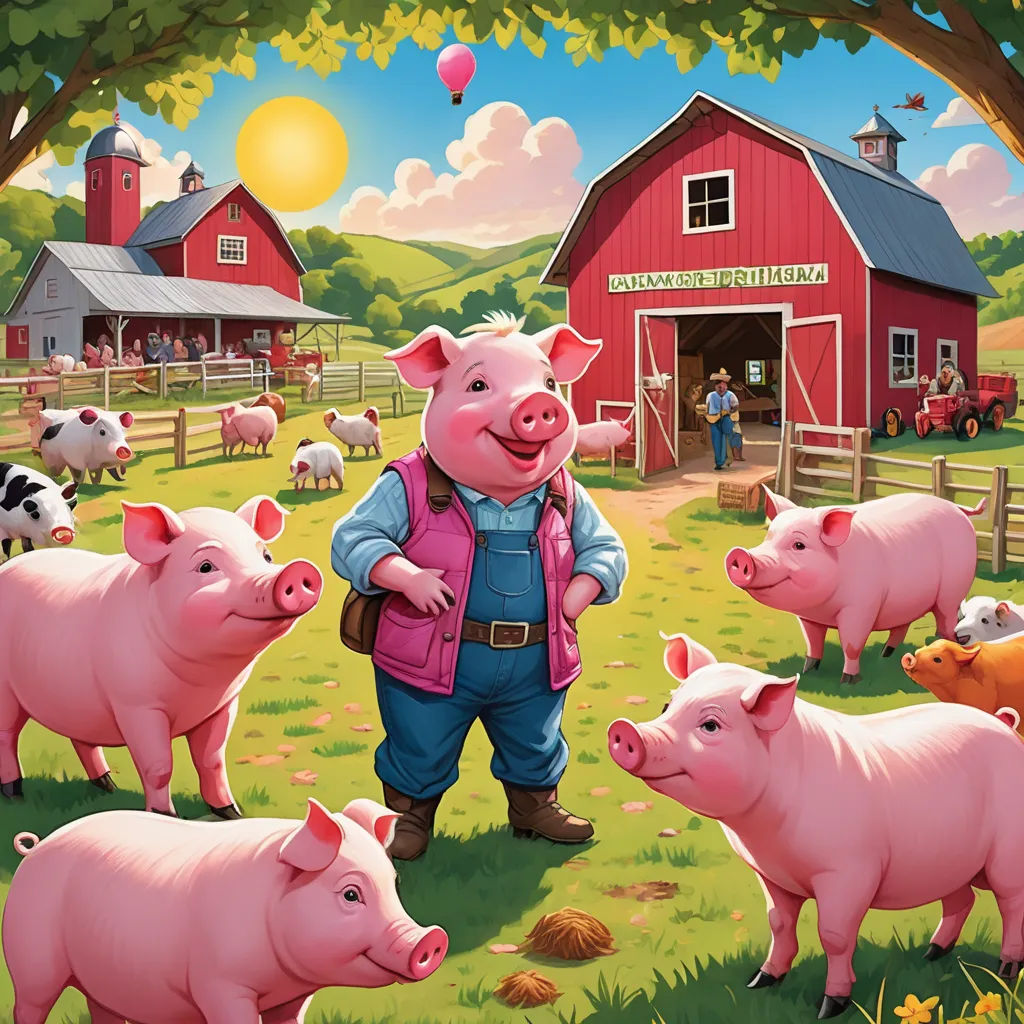 a painting of a man standing in front of pigs in a field with a barn in the background and a red barn in the background, american scene painting, a storybook illustration, David Young Cameron, official art