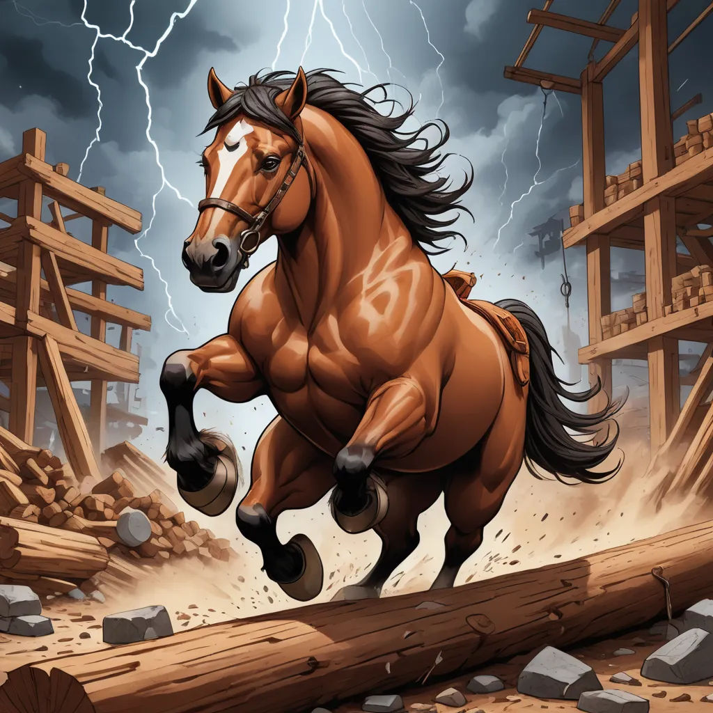 a horse running through a field with a lightning in the background and a wooden structure in the background with a horse running in the foreground, sots art, a digital rendering, Chris LaBrooy, western comic book art