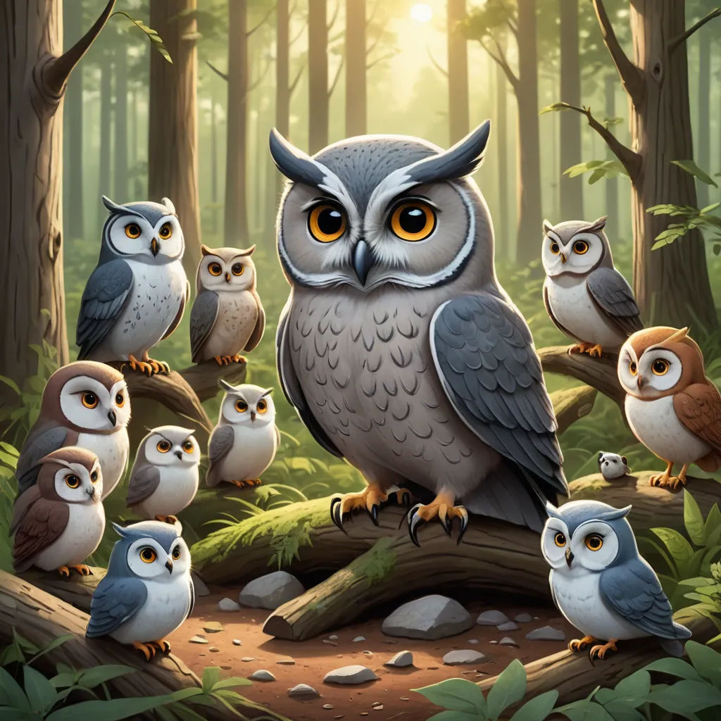 a group of owls sitting on a tree branch in a forest with sunlight shining through the trees and leaves, fantasy art, a storybook illustration, Dan Mumford, rossdraws global illumination