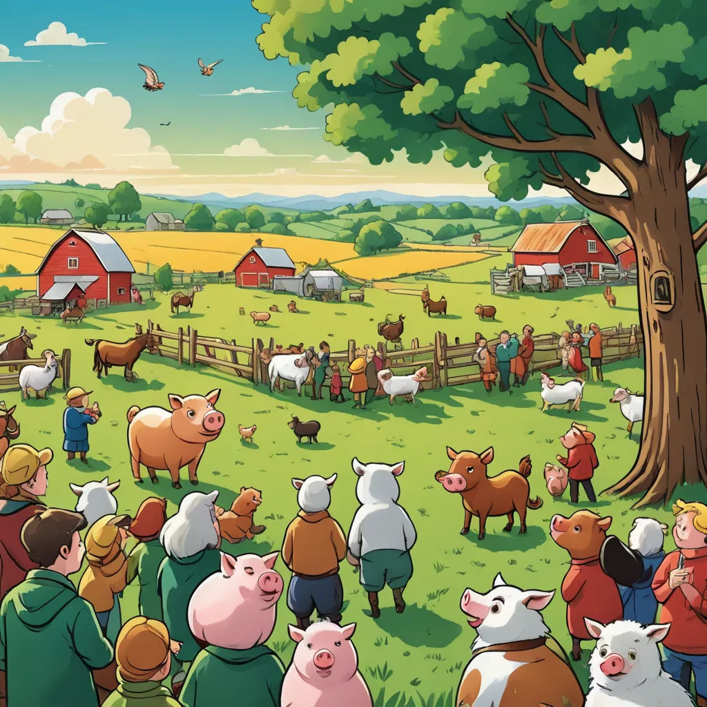 a group of people standing around a field with animals in it and a barn in the background with a tree, folk art, a storybook illustration, Dan Mumford, storybook illustration