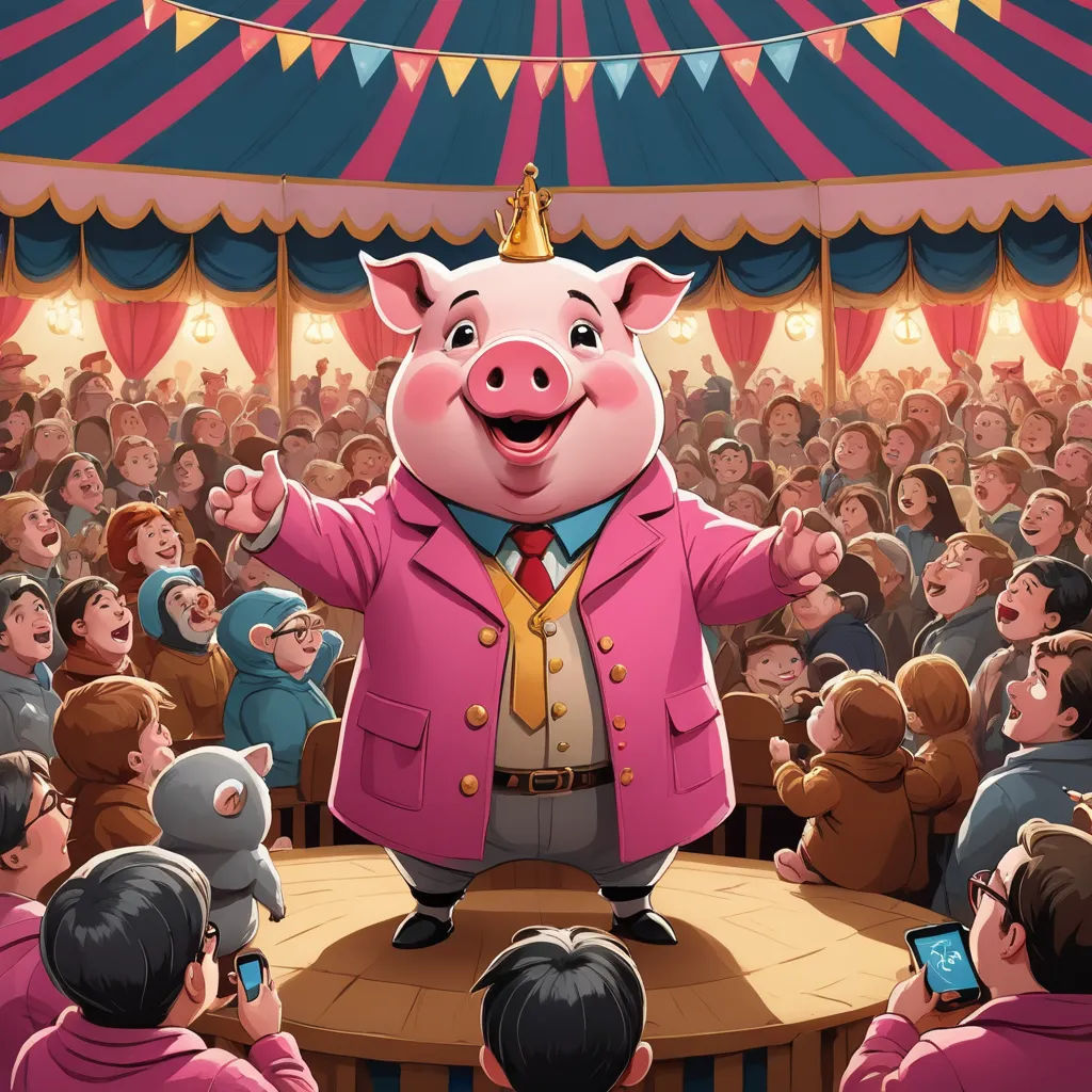 a pig in a pink suit standing on a table in front of a crowd of people in a circus, magical realism, a storybook illustration, Diego Gisbert Llorens, storybook illustration