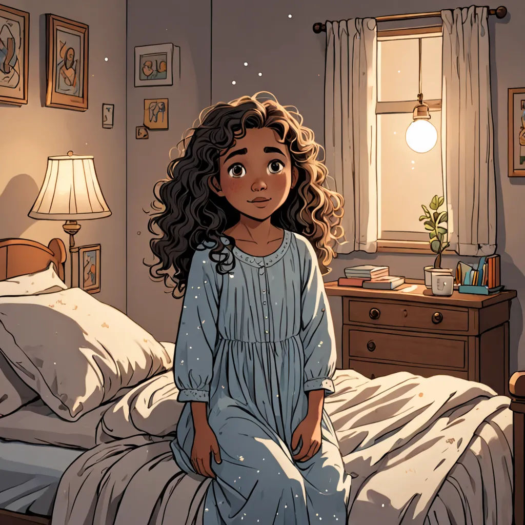 a girl in a blue dress sitting on a bed in a bedroom with a window and a lamp on, context art, a storybook illustration, Cliff Childs, comic cover art