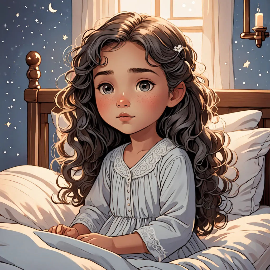 a little girl sitting on a bed with a pillow and blanket on it, looking at the camera with a sleepy look on her face, fantasy art, a storybook illustration, Clarice Beckett, trending on art station