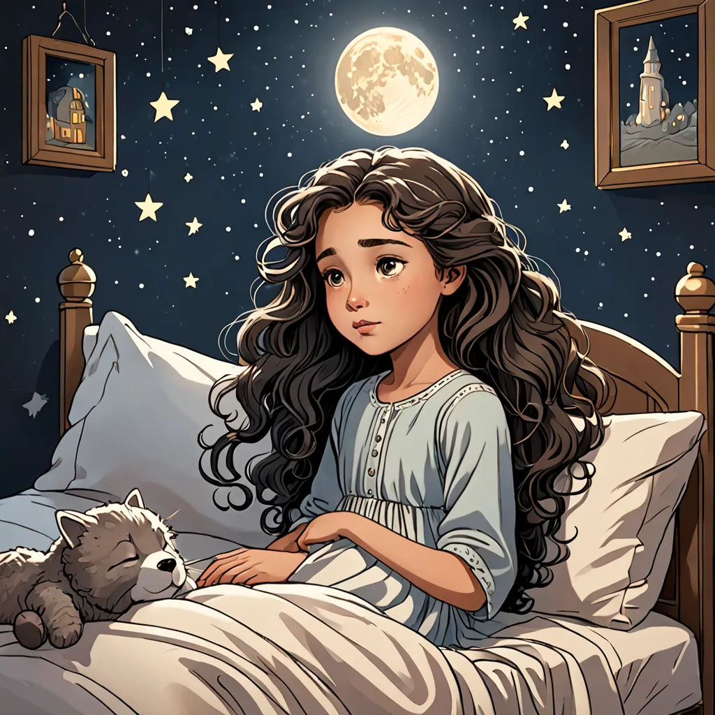a girl sitting on a bed with a cat and a teddy bear in front of her and a full moon, fantasy art, a storybook illustration, Cliff Childs, storybook illustration