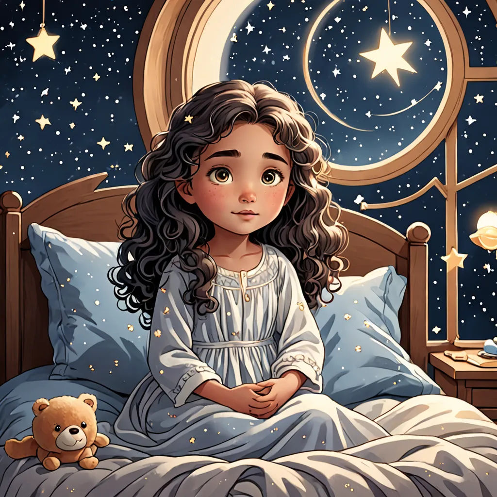 a little girl sitting on a bed with a teddy bear in front of a window with stars and a moon, space art, a storybook illustration, Cliff Childs, storybook illustration
