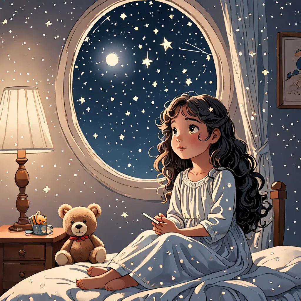 a girl sitting on a bed with a teddy bear in front of a window with stars on it and a night sky, space art, a storybook illustration, Cyril Rolando, storybook illustration