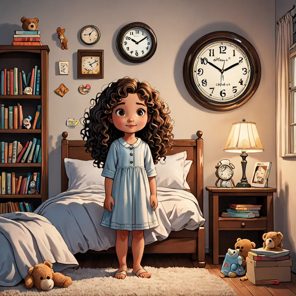 a girl standing in a bedroom with a bed and a teddy bear on the floor next to a clock, photorealism, a storybook illustration, Chris LaBrooy, storybook illustration