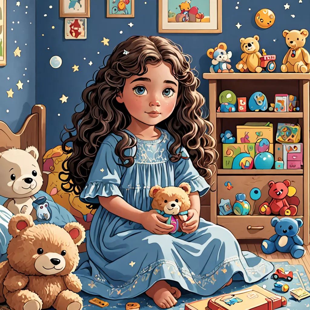 a painting of a girl sitting on a bed with teddy bears in her room, and a teddy bear in her lap, lyco art, a storybook illustration, Cliff Childs, highly detailed digital painting