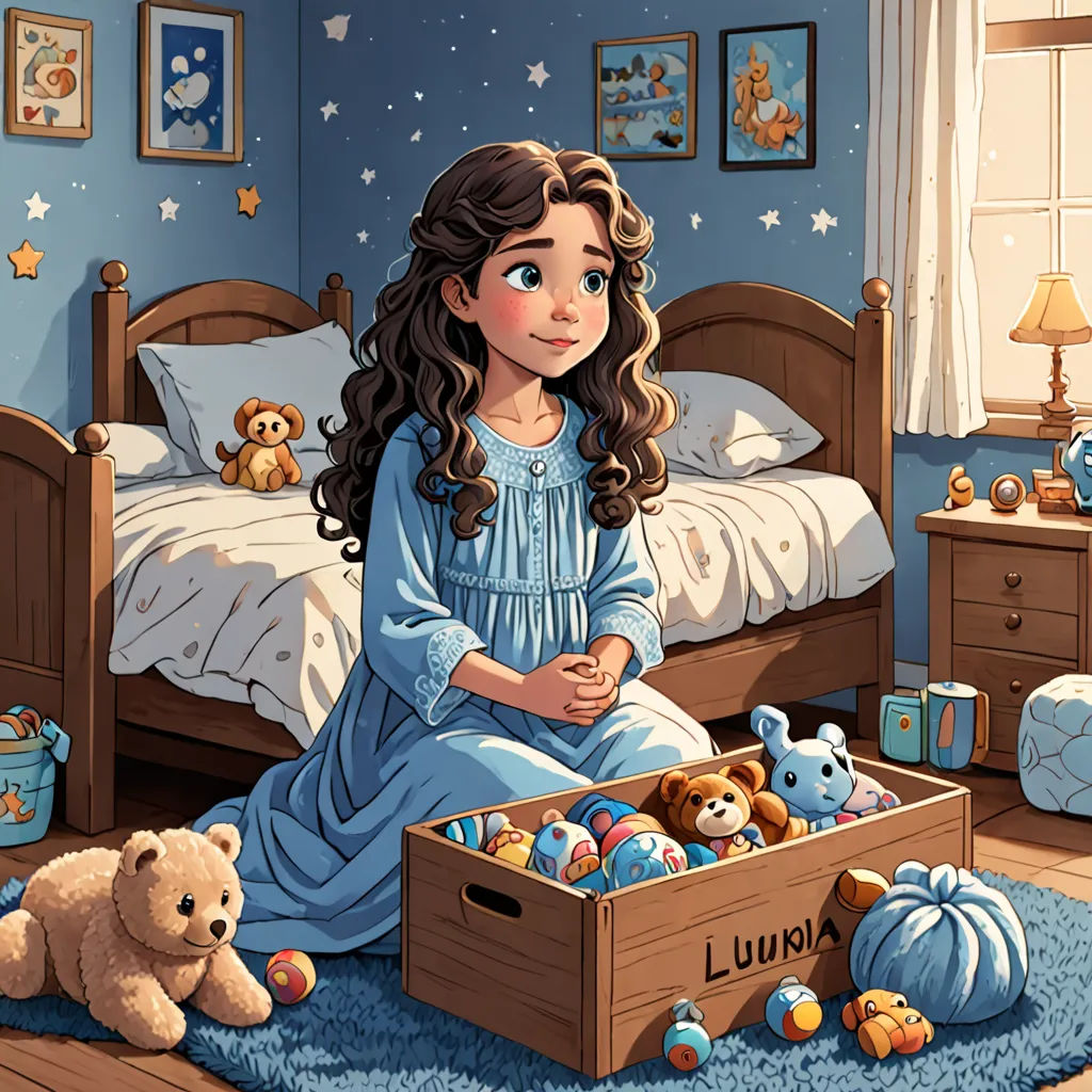 a girl sitting in a bed with a box of toys in front of her and a teddy bear on the floor, lyco art, a storybook illustration, Diego Gisbert Llorens, llustration