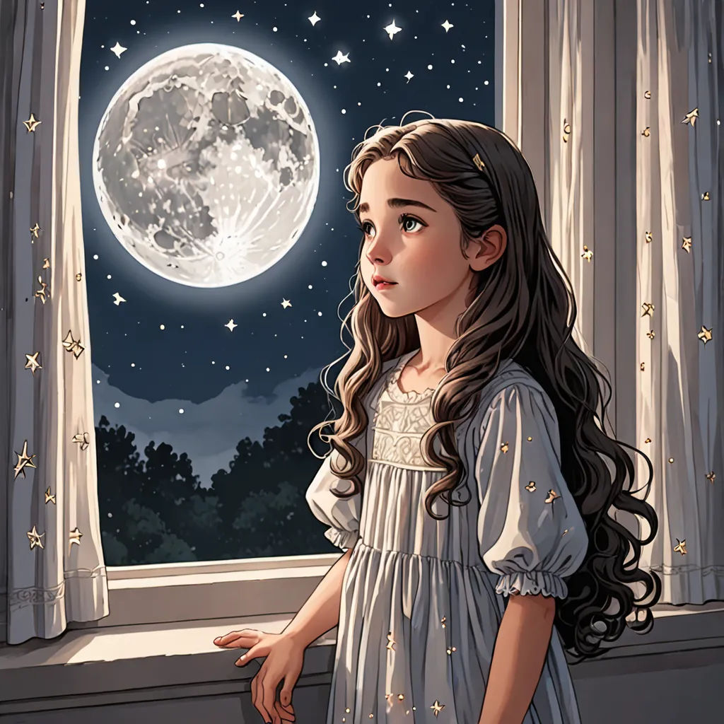a girl looking out a window at the moon and stars in the sky, with a full moon behind her, fantasy art, a storybook illustration, Aaron Jasinski, moon