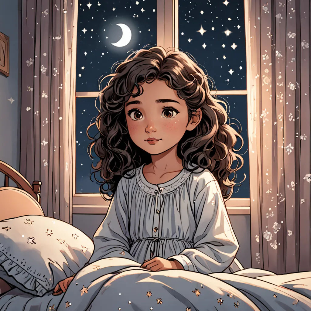 a girl sitting in bed looking out the window at the stars and the moon in the sky above her, space art, a storybook illustration, Cliff Childs, storybook illustration