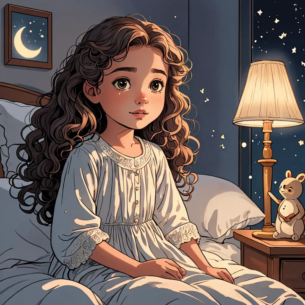 a little girl sitting on a bed next to a teddy bear and a lamp on a night stand with a teddy bear, space art, a storybook illustration, Clarice Beckett, storybook illustration