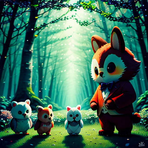 a painting of a fox and her cubs in the woods with a light shining through the trees behind them