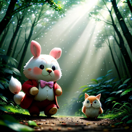 a rabbit and a cat are in the woods together, with sunlight streaming through the trees behind them and a cat sitting on the ground