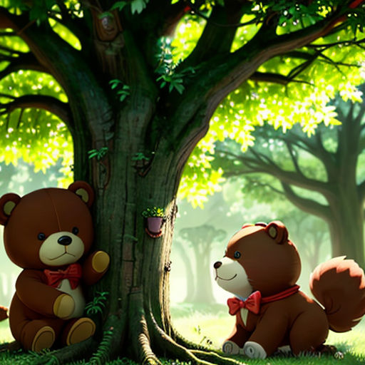a couple of teddy bears sitting next to a tree in a forest with a bear cub sitting next to it