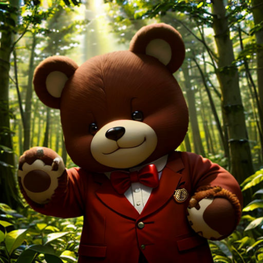 a teddy bear dressed in a red suit and bow tie in a forest with trees and leaves, with a light shining through the trees
