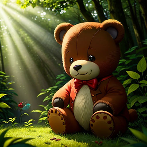 a teddy bear sitting in the middle of a forest with sunbeams and leaves on it's sides
