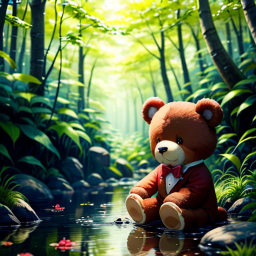 a teddy bear sitting in the middle of a forest with a stream of water in front of it and a forest scene behind it